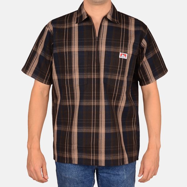 Short Sleeve Plaid 1/2 Zip Shirt - Brown